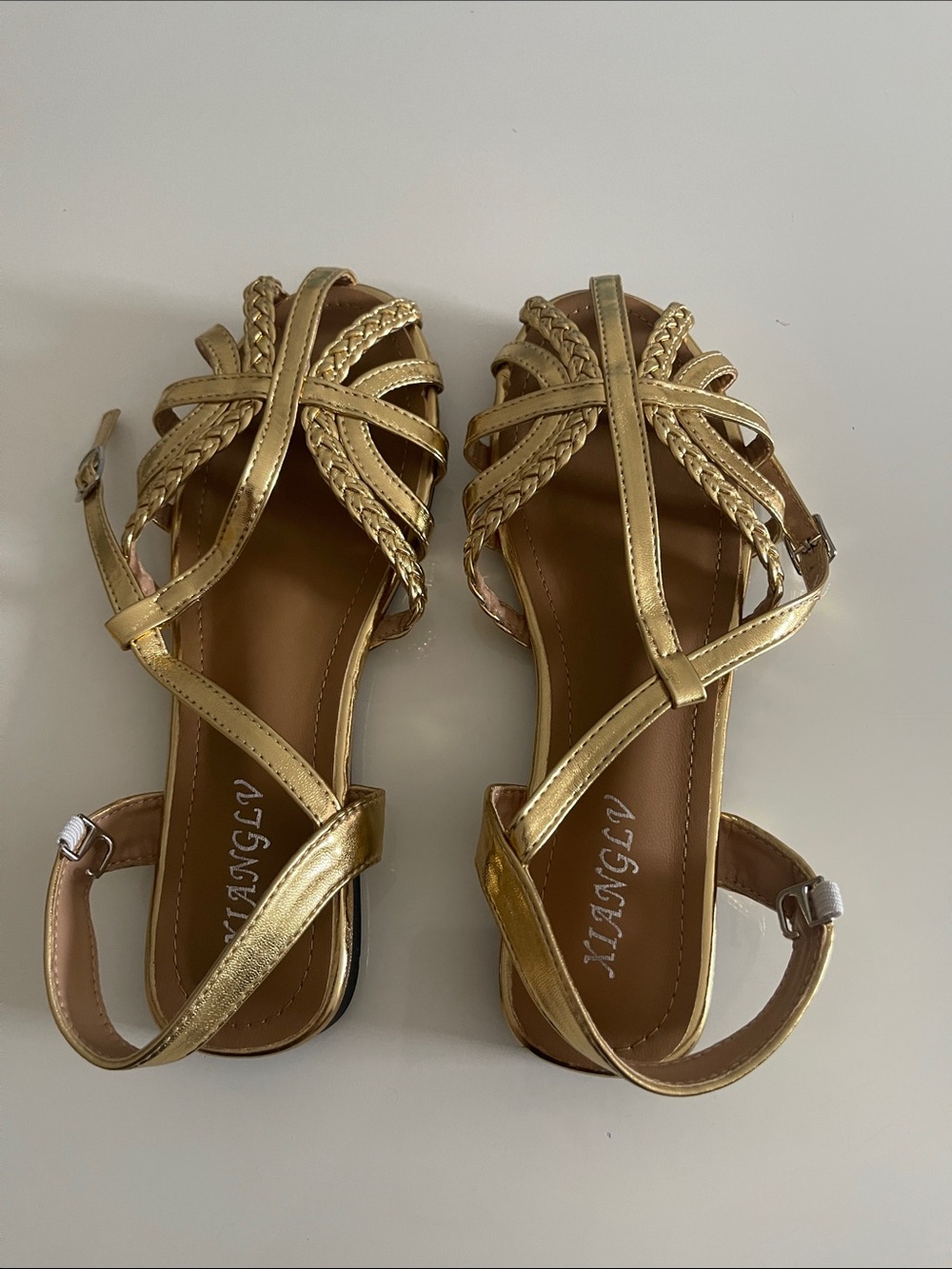 Gold Strappy Braided Flat Sandals - Women